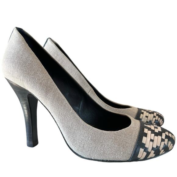 TORY BURCH Woven Leather 3" Stiletto Heels Pumps Sz 9 Blue Tan Round Cap Toe - Picture 1 of 9